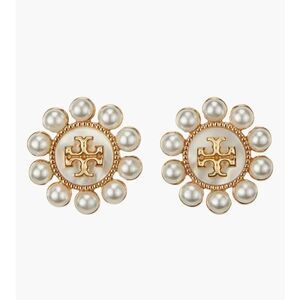 TORY BURCH Kira Pearl Logo Stud Earrings